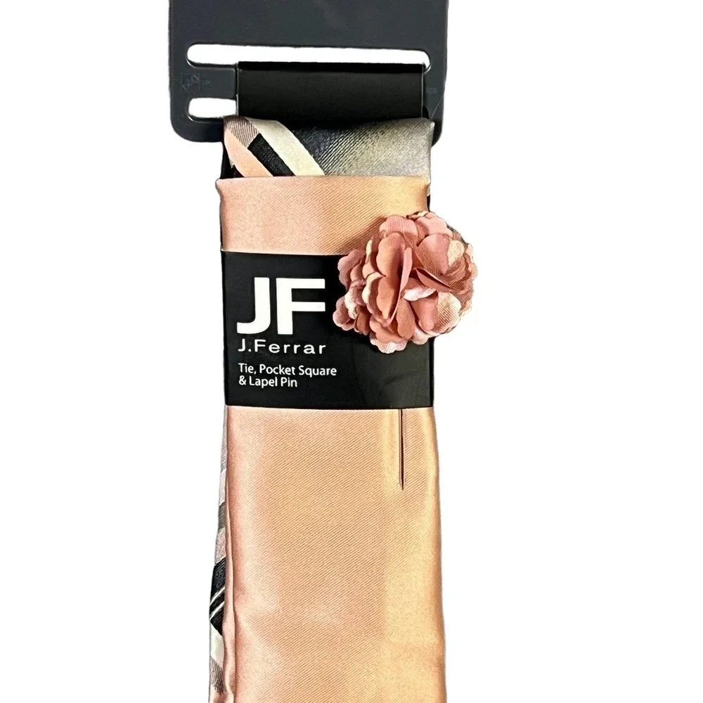 JF J Ferrar Tie 3PC Set‎ Plaid Pattern Grey Pink Modern Necktie Pocket Square OS